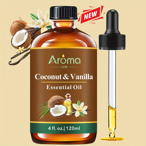 Coconut and Vanilla essential oil bottle with dropper on a beige background