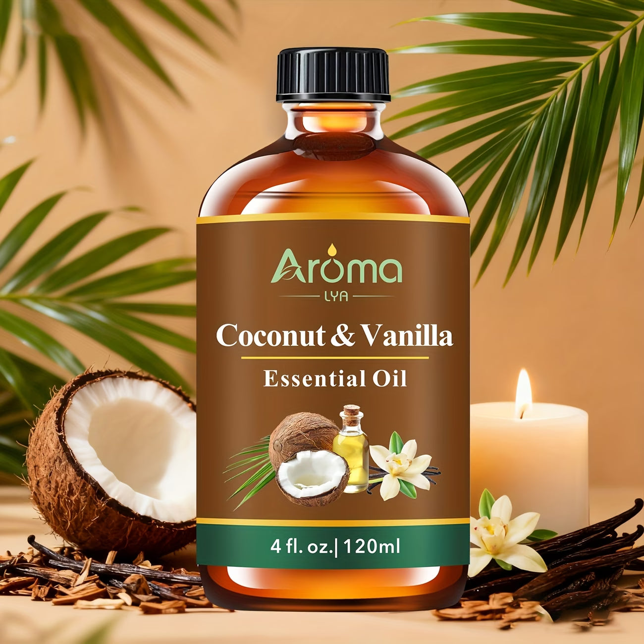 Bottle of Aroma Lya Coconut & Vanilla Essential Oil with coconut, vanilla beans, and a candle on a wooden surface.