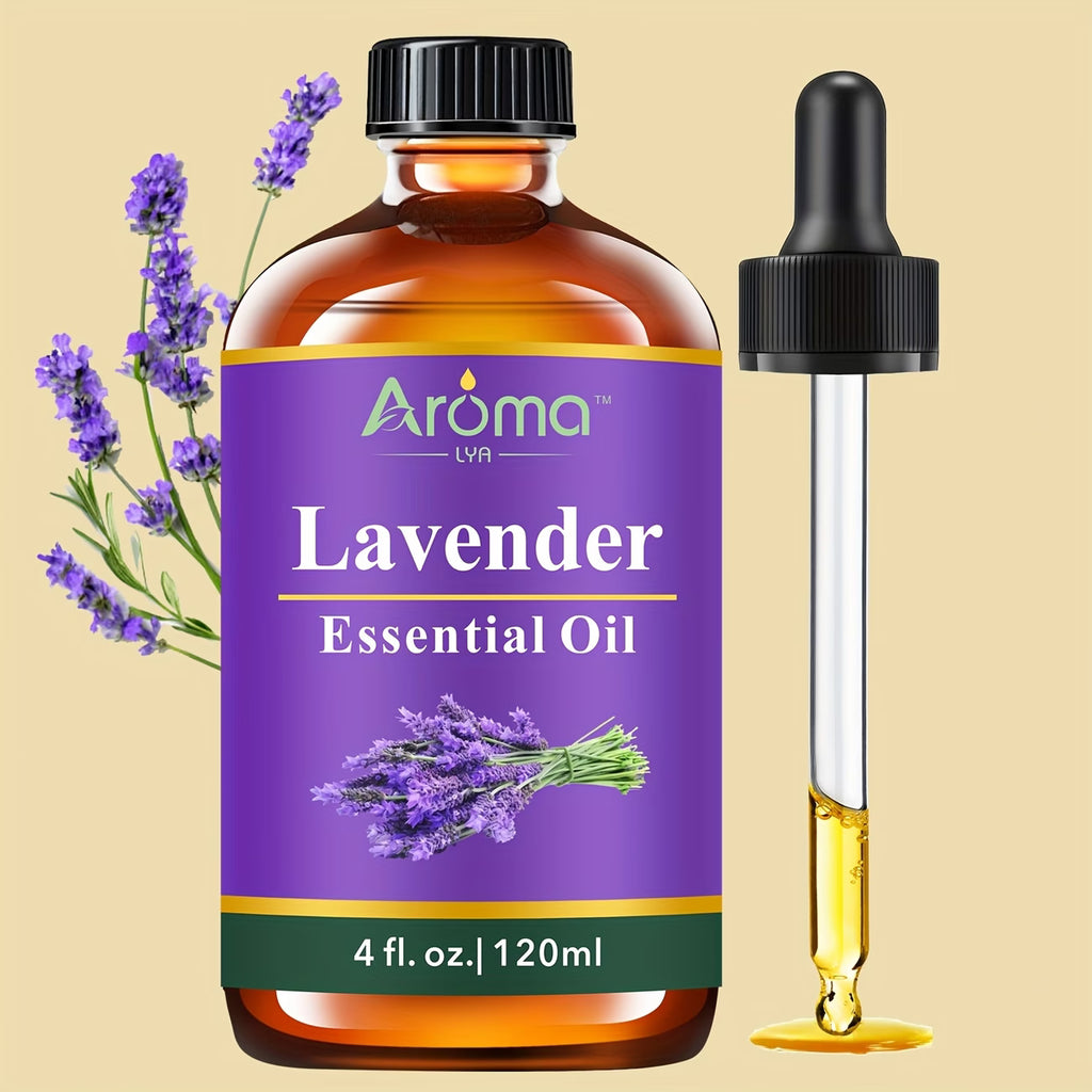 Lavender essential oil bottle with dropper on a beige background